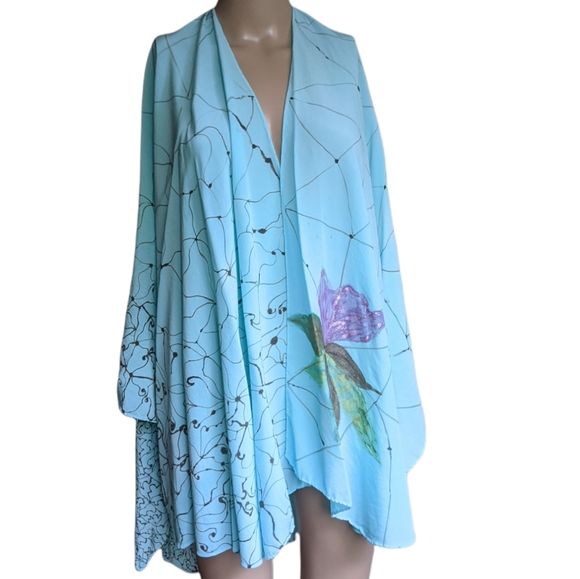 Hand Made Art Hand Painted Turqoise Blue Silk Cape OS - Picture 2 of 11